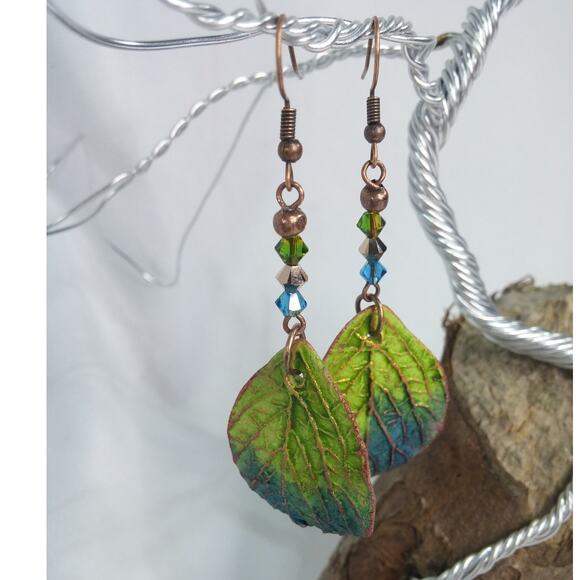 Artisan Copper Green Leaf Earrings Statement Dangles Colorful Swarovski Crystals - Picture 8 of 11